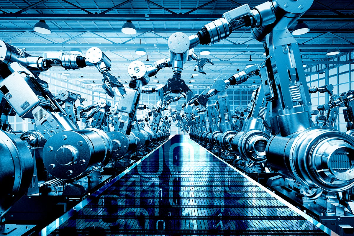 Automation  >  An assembly line's robotic arms conveyor belt work with binary code.