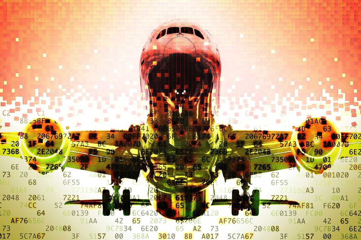 Fragmented image of a Boeing 787 airplane represented in encrypted data.