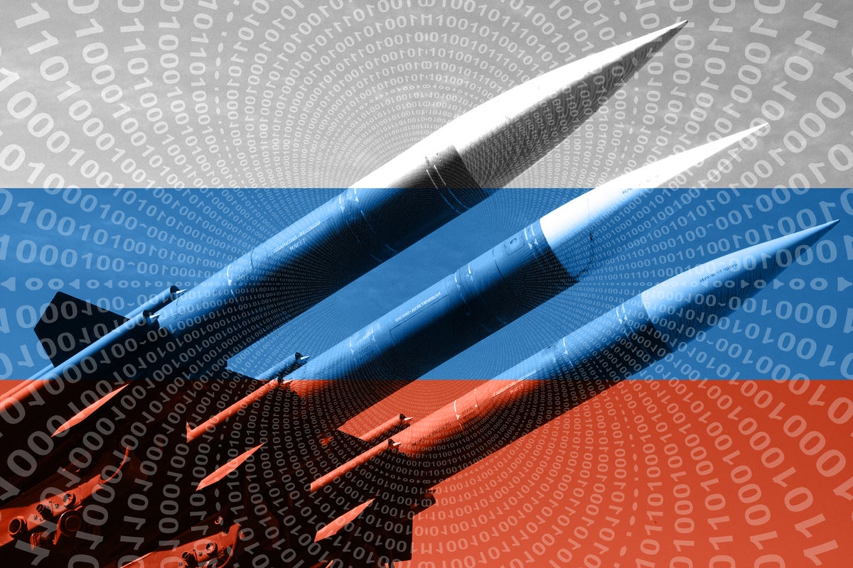Cyber warfare  >  Russian missile launcher / Russian flag / binary code