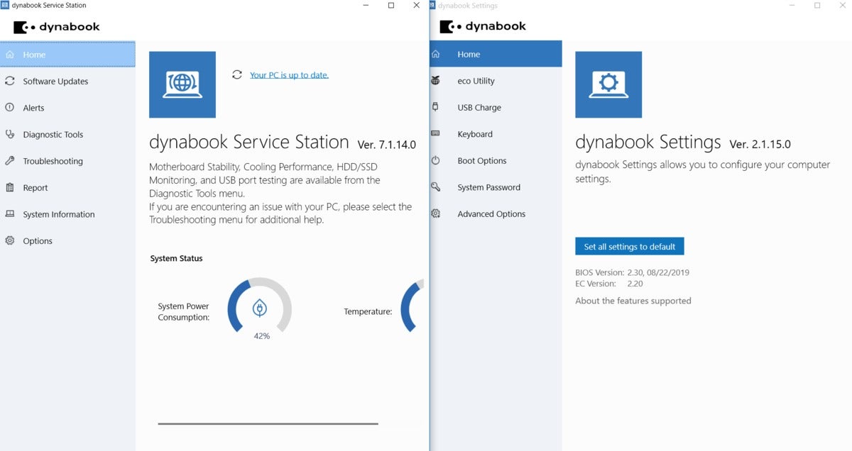 dynabook service station and settings