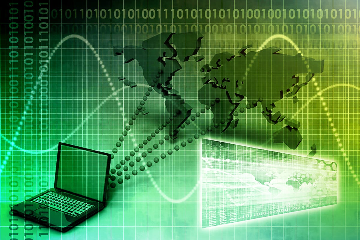 laptop / networked binary data flows / world map