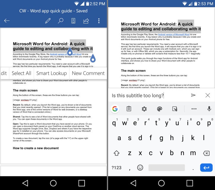 word app 15 android add comment