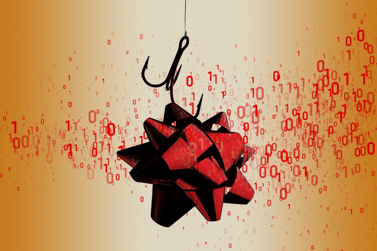 targeted holiday attacks  >  a red bow impaled by a hook, surrounded by abstract binary code