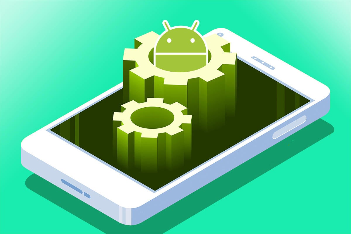 Android robot and gears emerging from isometric mobile phone screen
