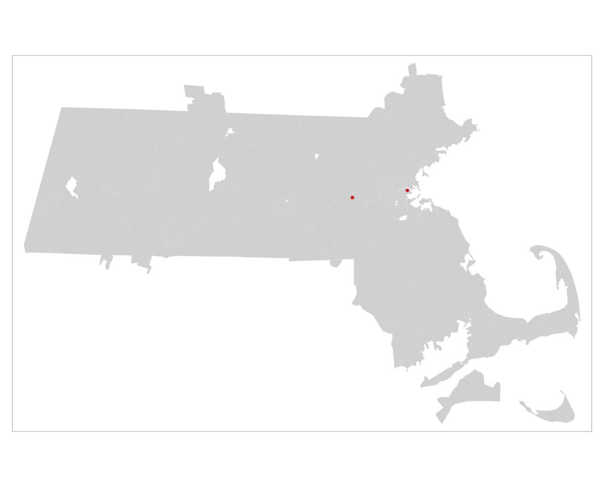 Massachusetts map of Zip codes with two address points.