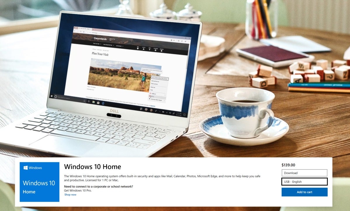 Windows 10 home page on Microsoft