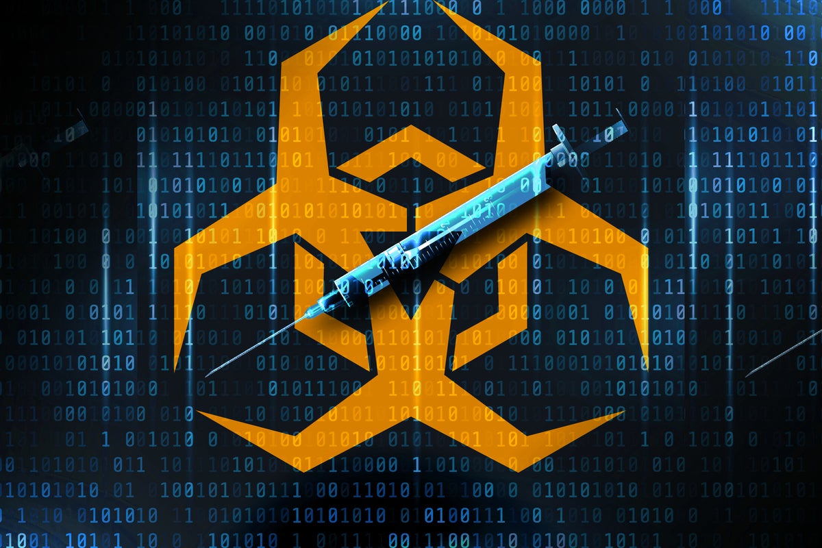 Antivirus digital syringe and virus/biohazard symbol in binary matrix