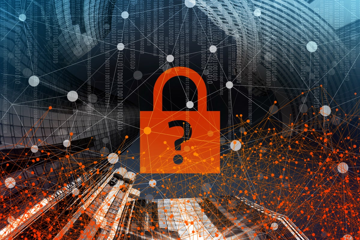 Lock with a question mark-shaped keyhole in a network of circuits + binary / digital transformation