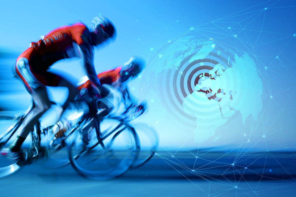 Tour de France cyclists racing / global digital broadcast connections