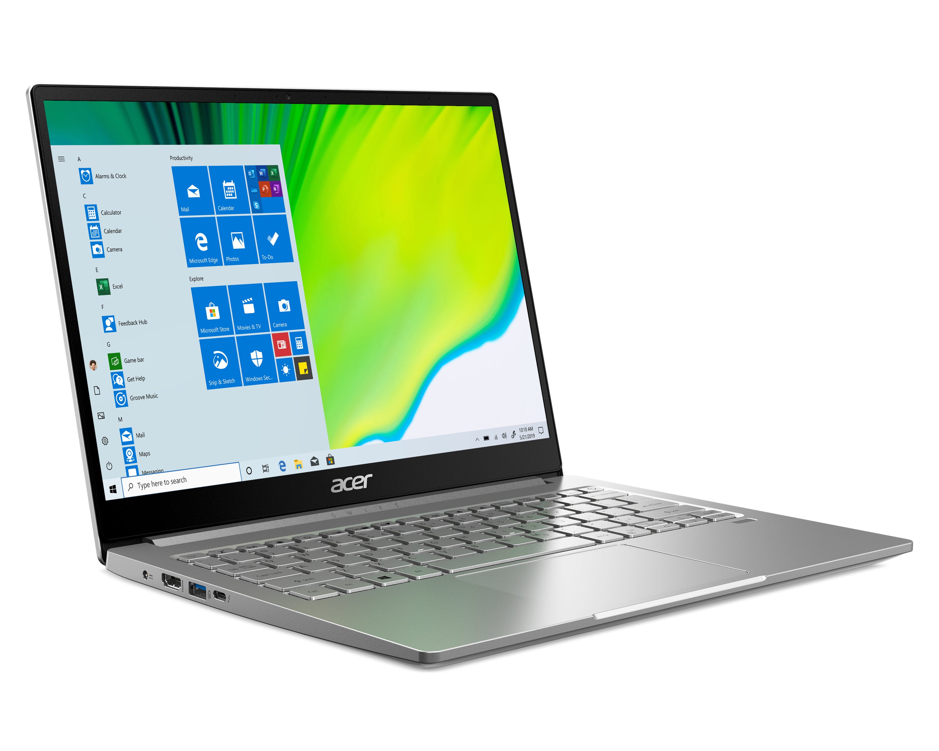  A silver Acer Swift Series laptop with narrow bezels and a backlit keyboard.