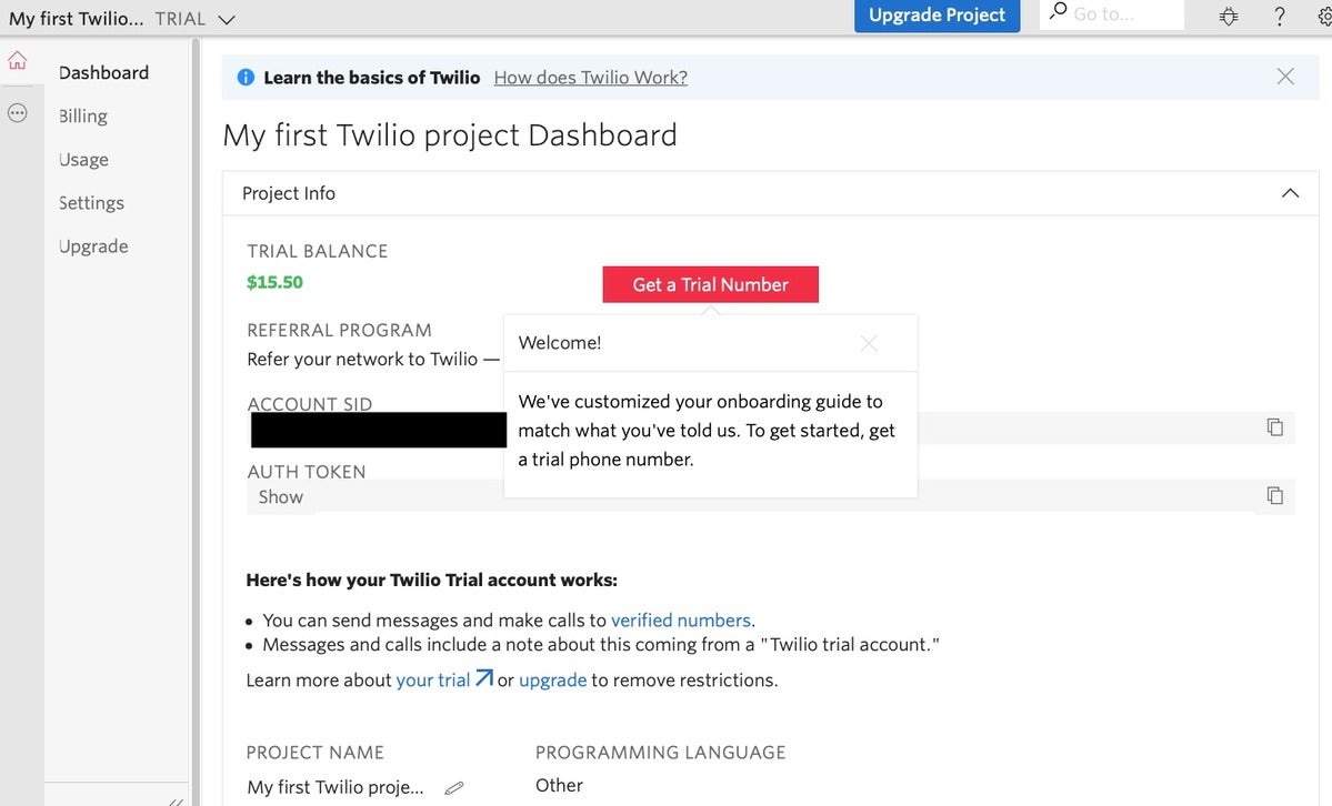 Twilio dashboard