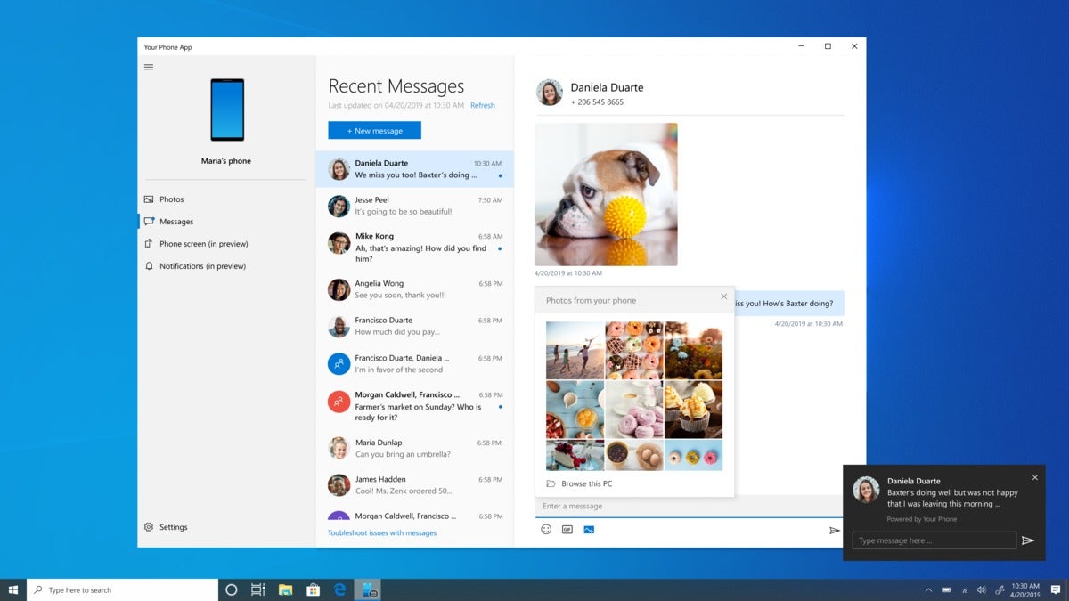 Microsoft Windows 10 20H1 your phone messaging