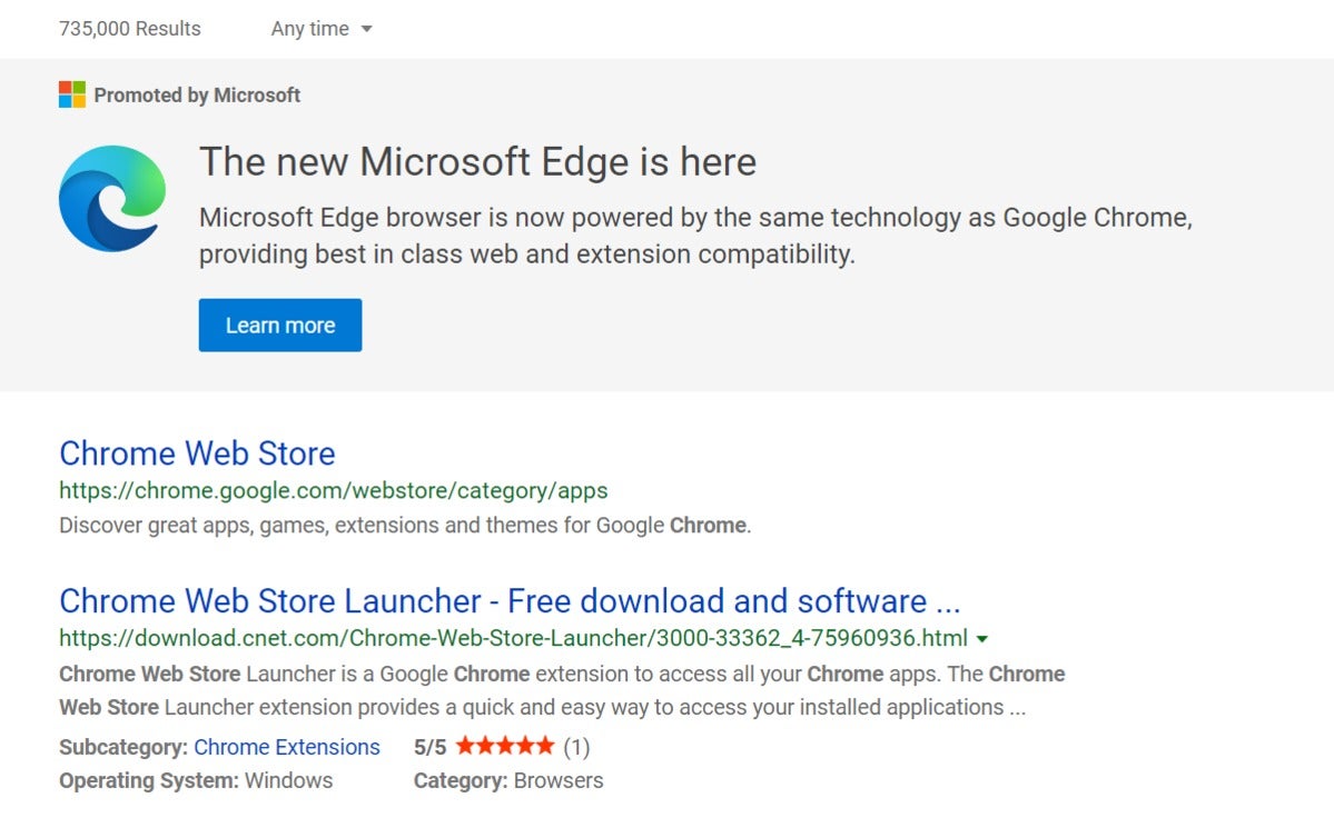 Google chrome web store in Microsoft bing