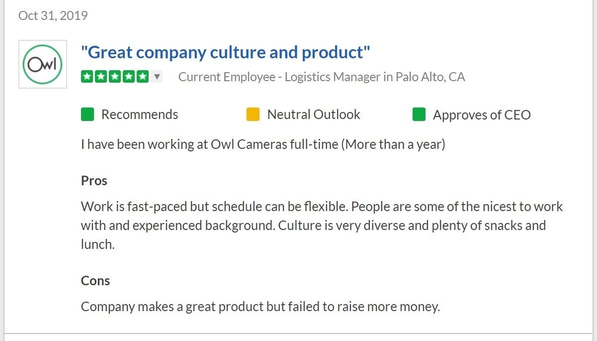 glassdoor oct 31 2019 review owl cameras inc