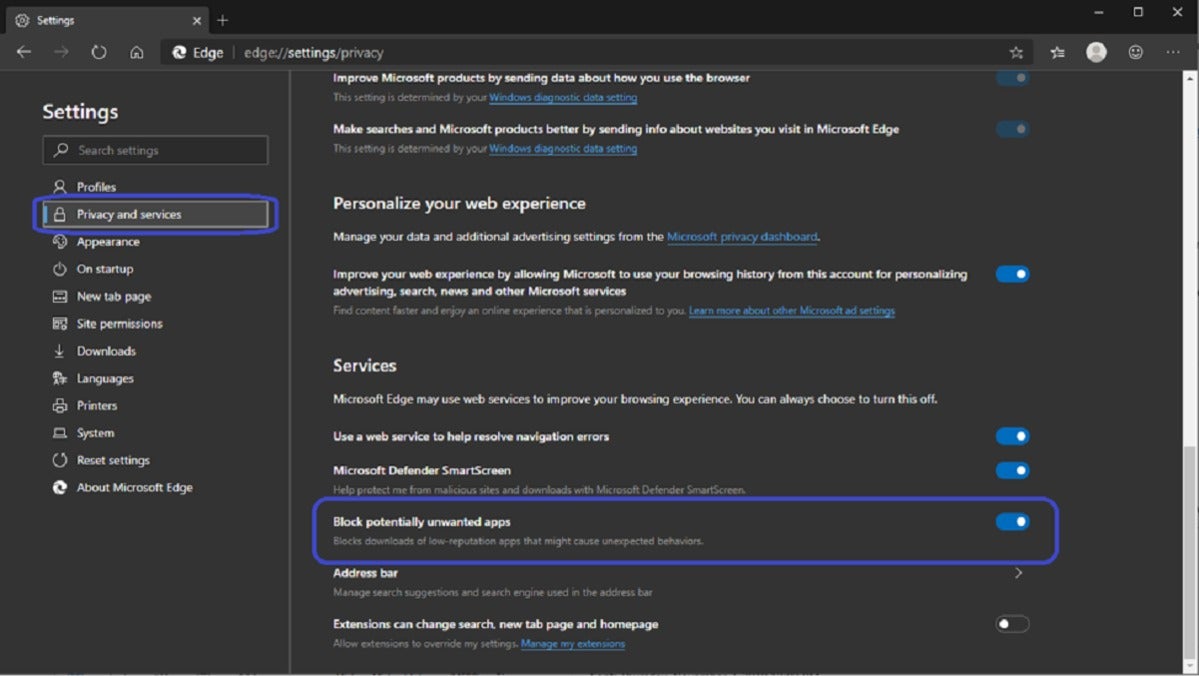 microsoft edge pua setting