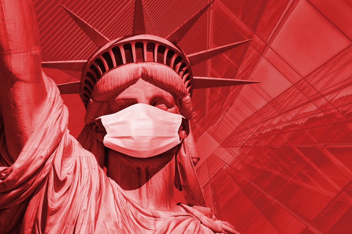 statue of liberty covid-19 surgical mask coronavirus us quarantine by vladone t kimura getty images