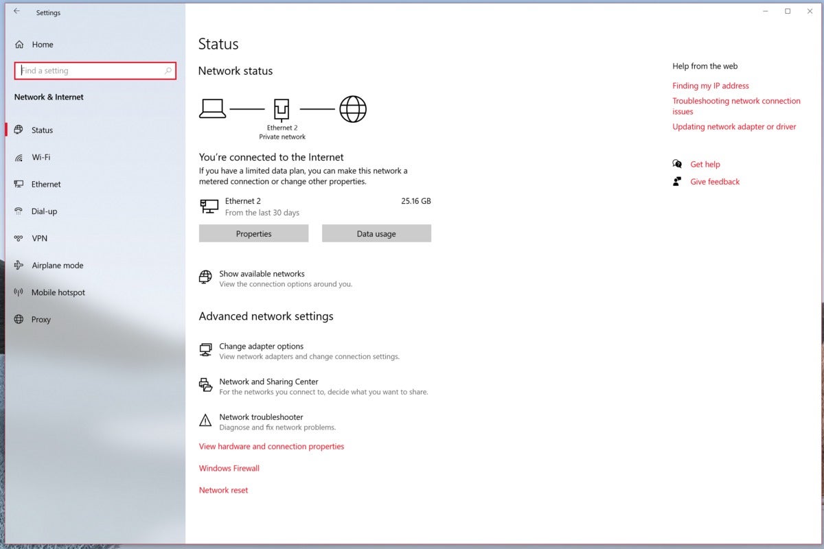 windows 10 20h1 network status page microsoft