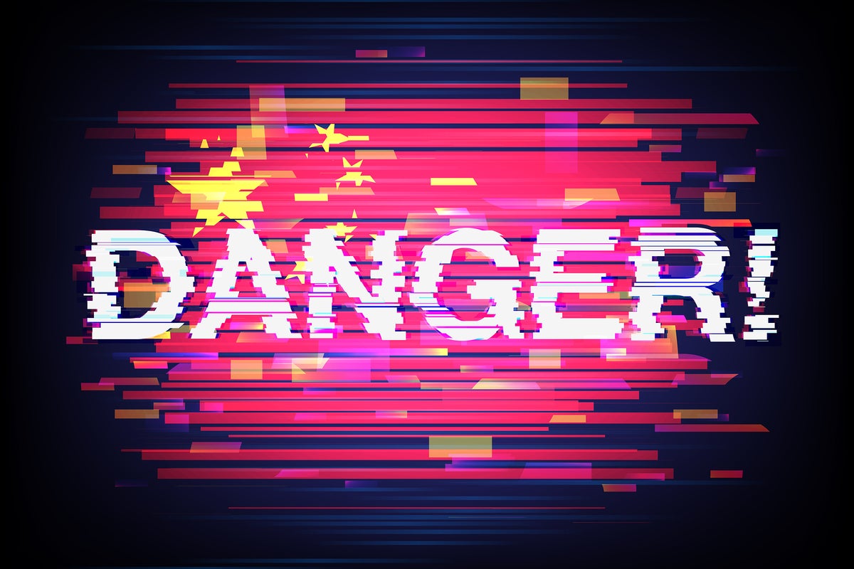'Danger' warning emblazoned across a glitched flag of China.