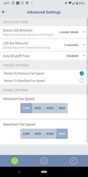 my leviton app for fan controller settings
