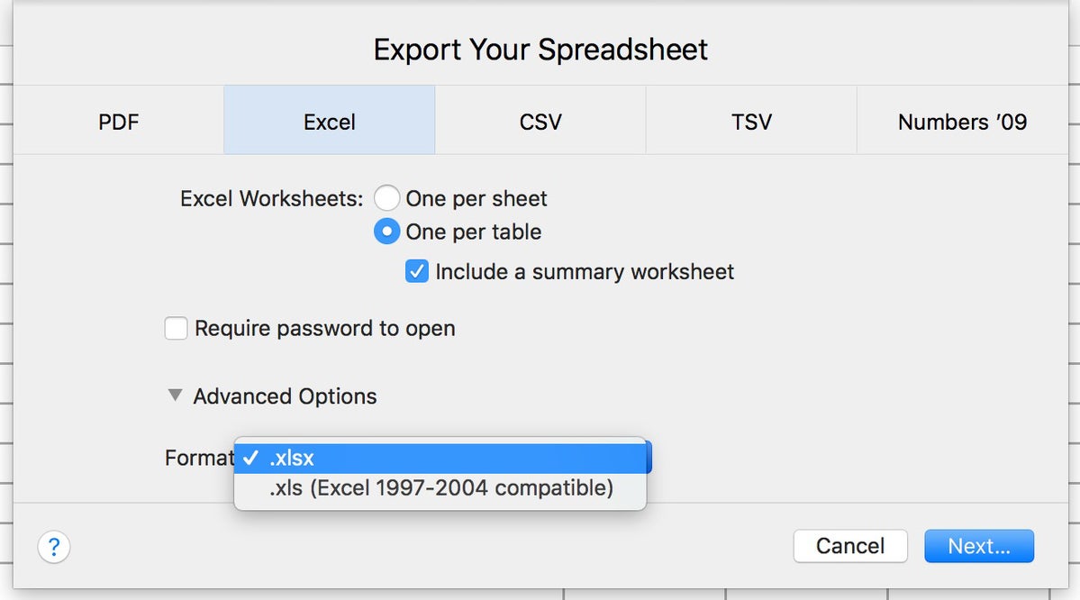 numbers exportera excel-inställningar