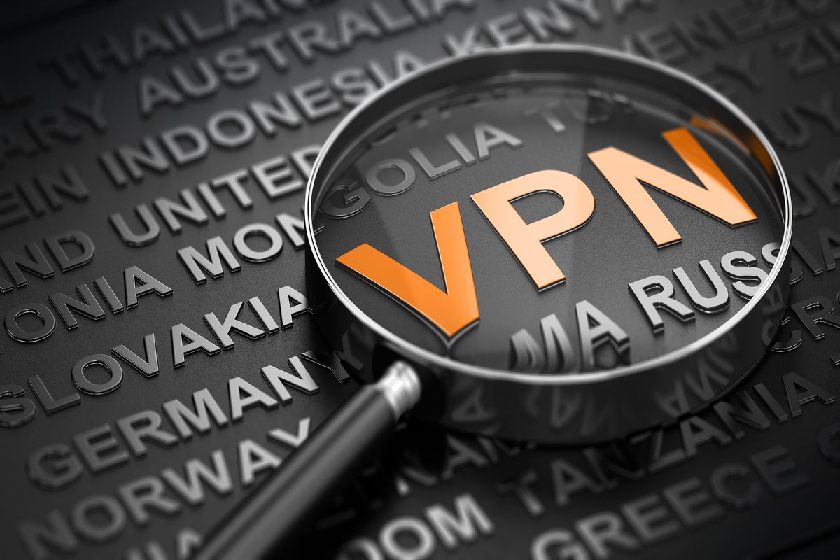 VPN / network security / magnifying lens / country names