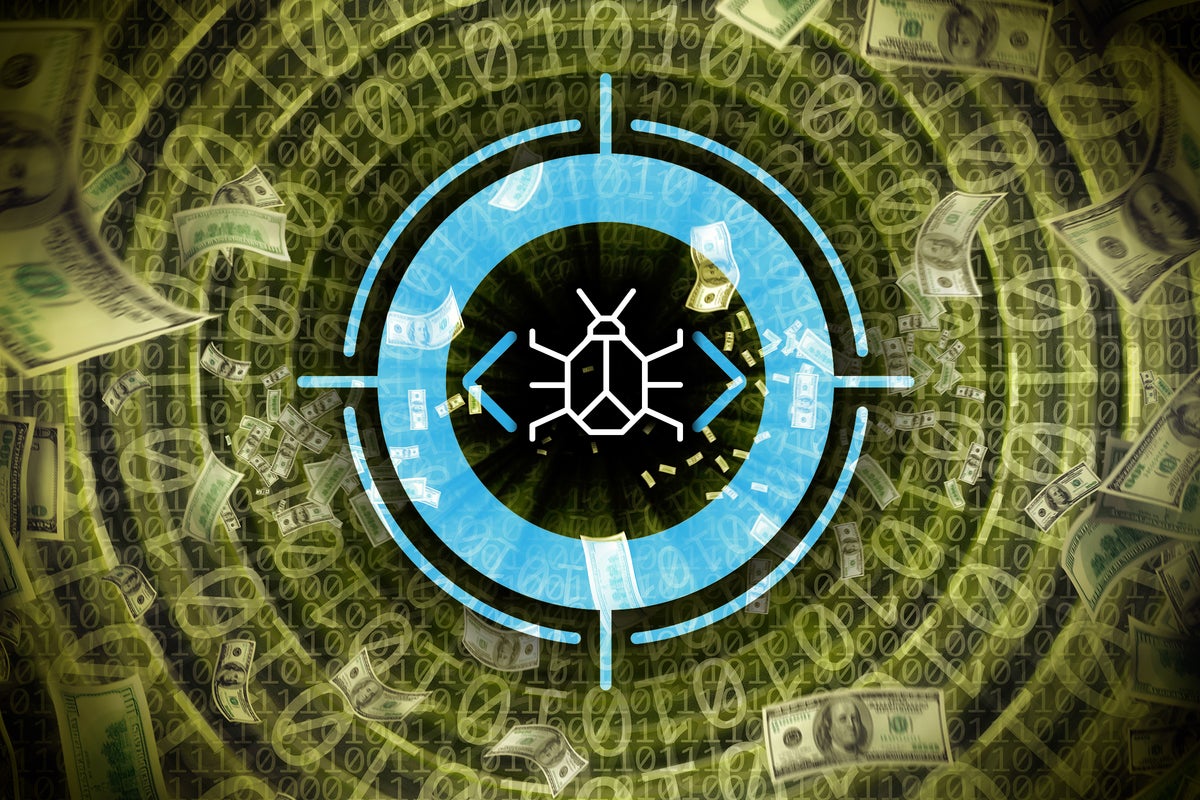 Money flows through a tunnel of binary code as a target hovers over a code bug.