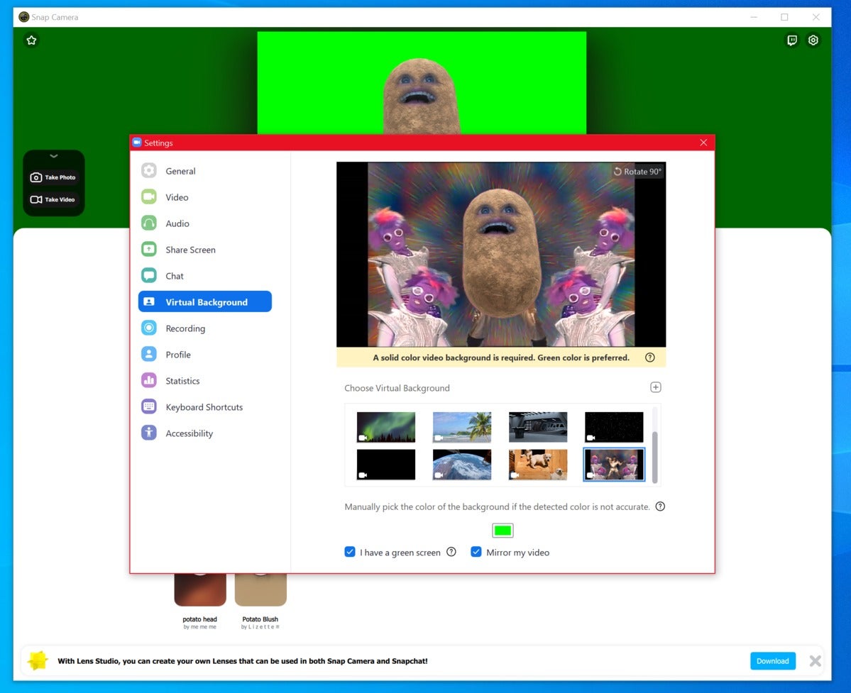 snap camera potato zoom green screen