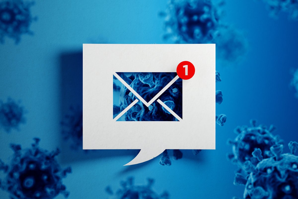 A white speech bubble with an email icon indicating a new unread message against a viral background.