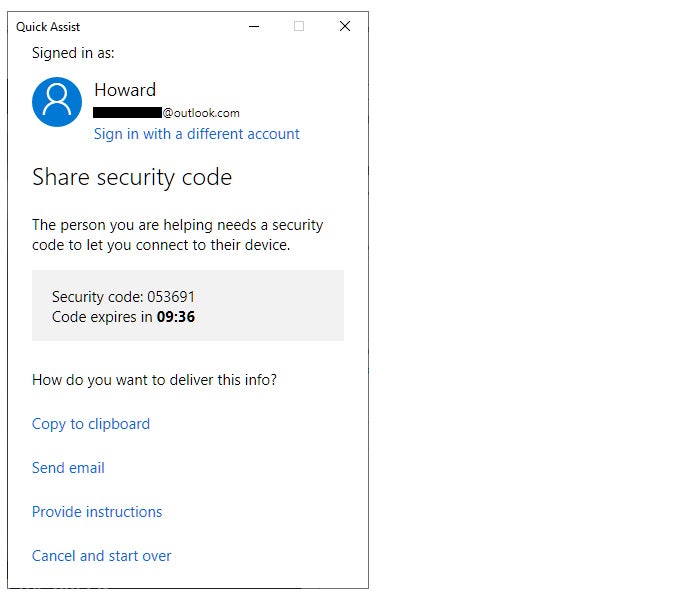 win10 quick assist2 share security code