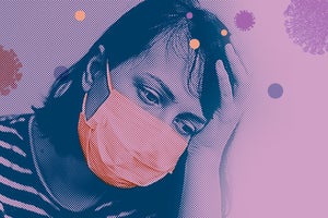 Image of a woman wearing a face mask with virus morphology overlay.