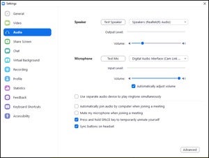 Screenshot from within Zoom's audio settings