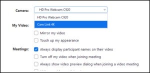 Screenshot from within Zoom's video settings