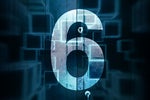 Number six, painted on a door with a lock with abstract overlay of digital containers.