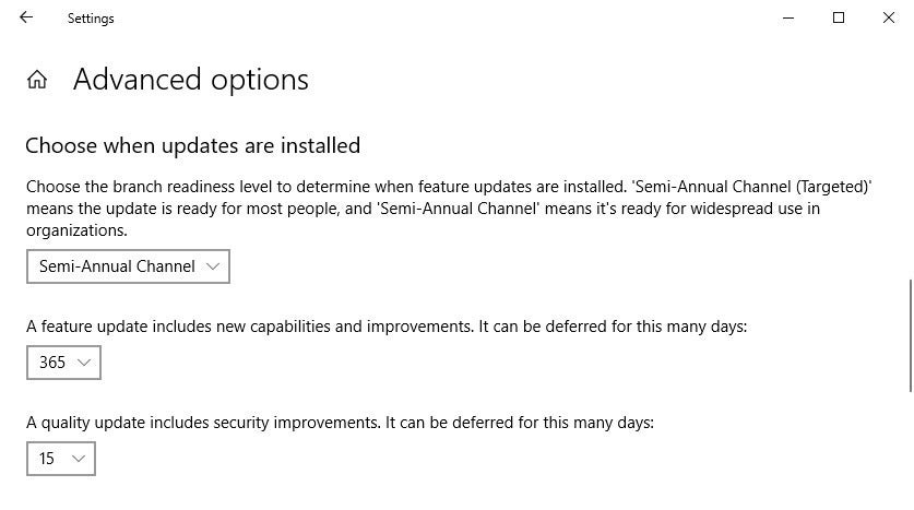 Windows 10 Settings - Update and Security - Advanced Options 