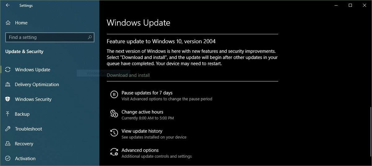 Windows 10 Settings - Update and Security - Download and install