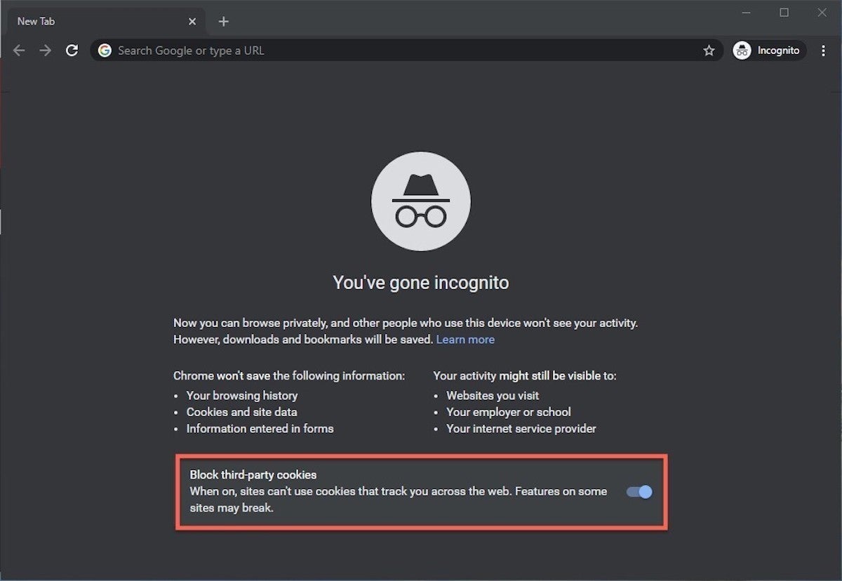  A screenshot of Google Chrome's Incognito mode page with text saying 'You've gone Incognito', with a description of what Incognito mode is and what it does.