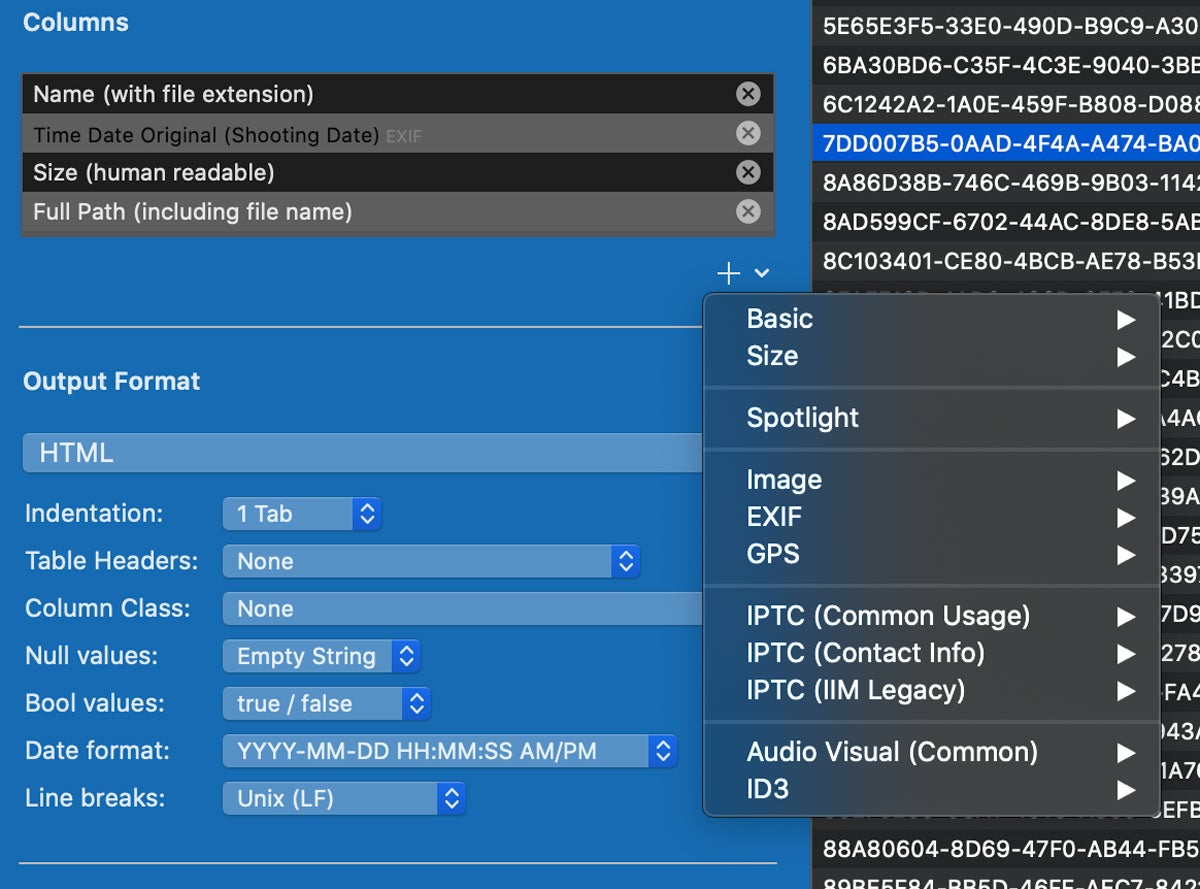 nifty file lists column data categories