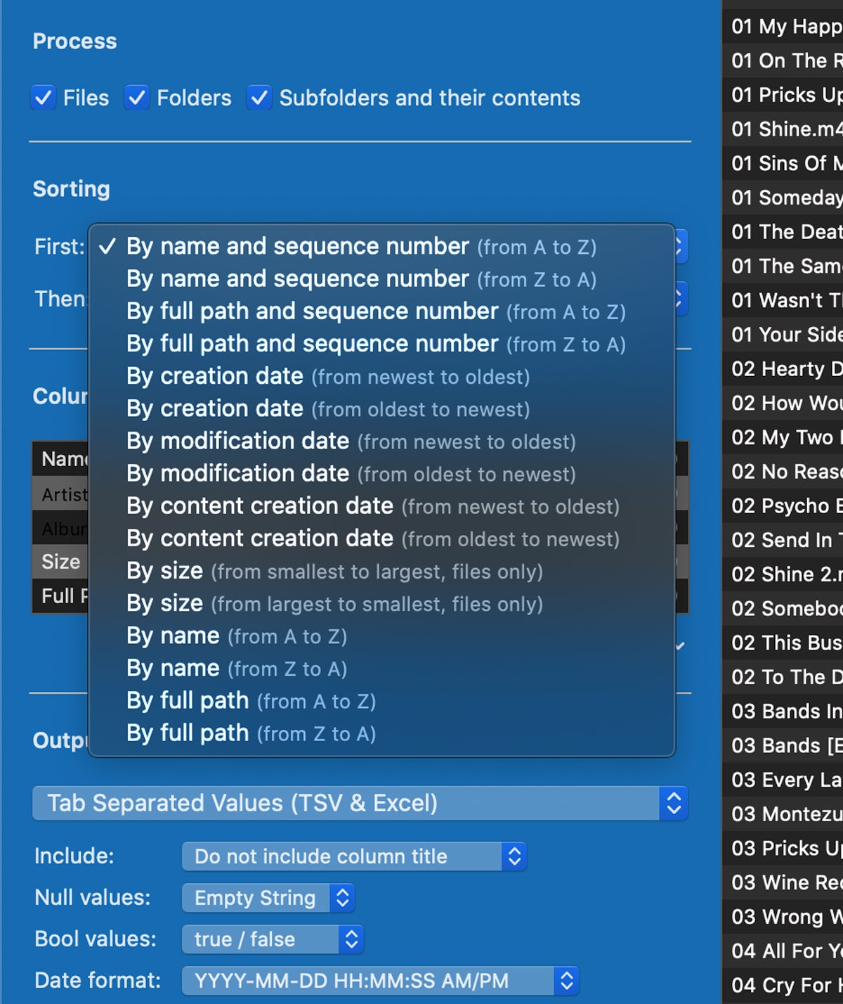 nifty file lists sorting options