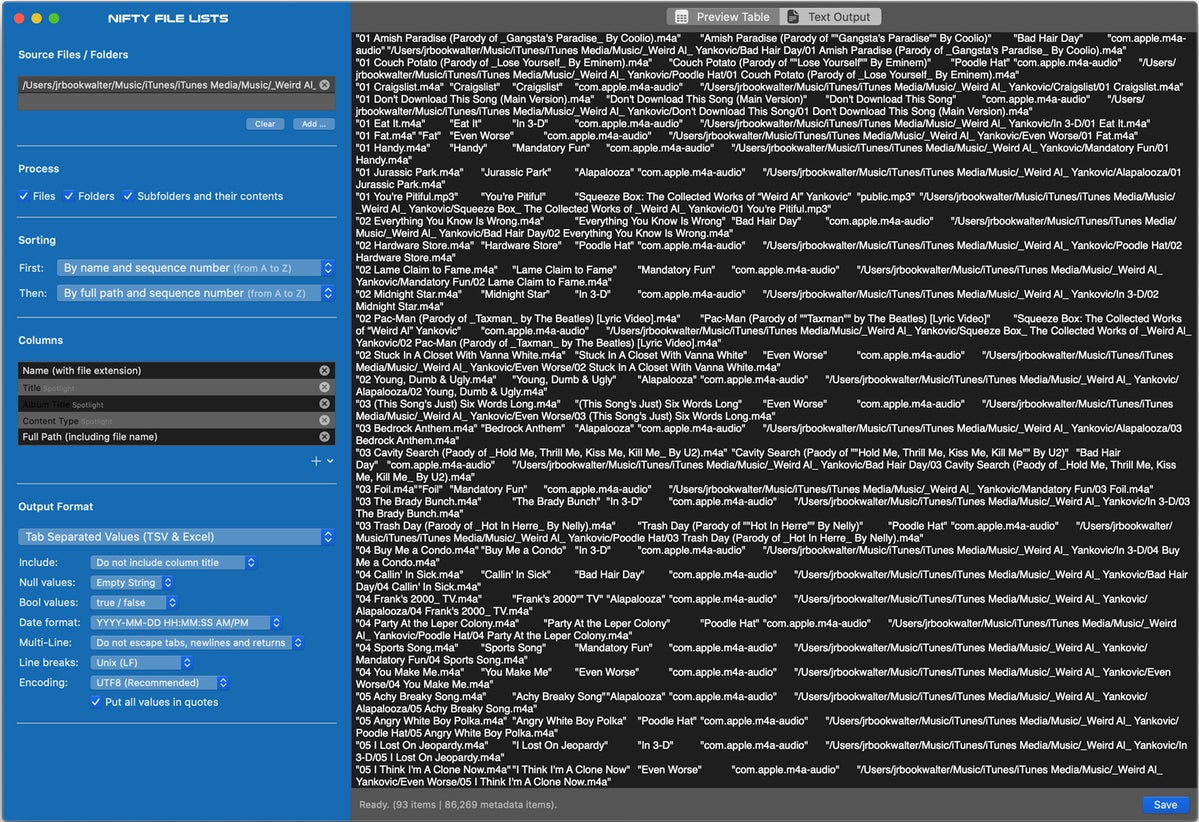 nifty file lists text output preview