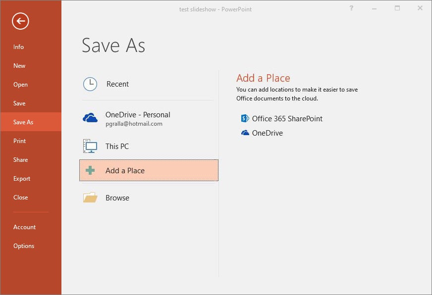 powerpoint2016 2019 03 save as add place