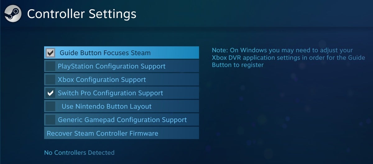 Steam controller settings menu