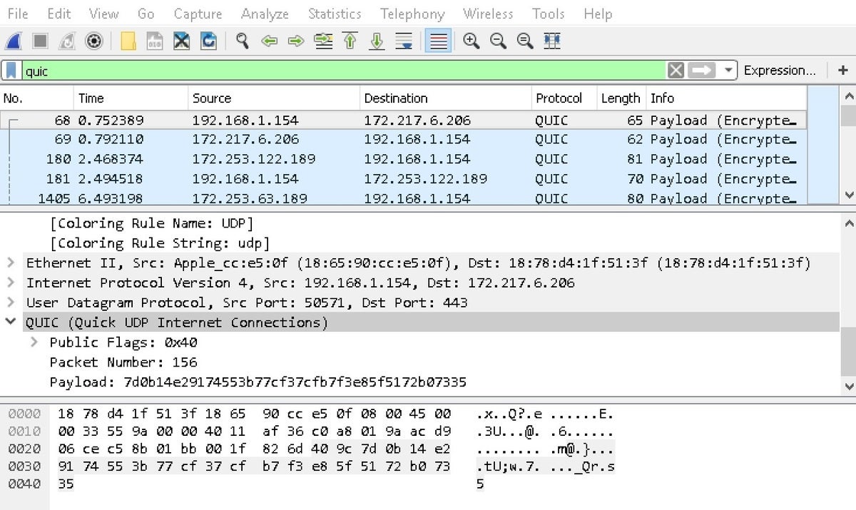 Wireshark snippet showing QUIC protocol’s network segments