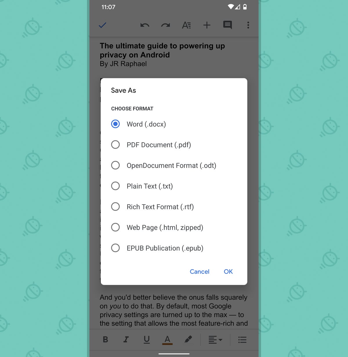 Google Docs Android: Save as Word
