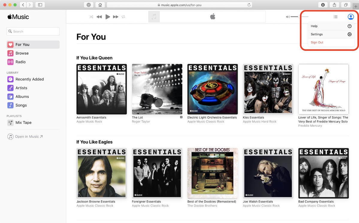 кнопка настроек учетной записи Apple Music