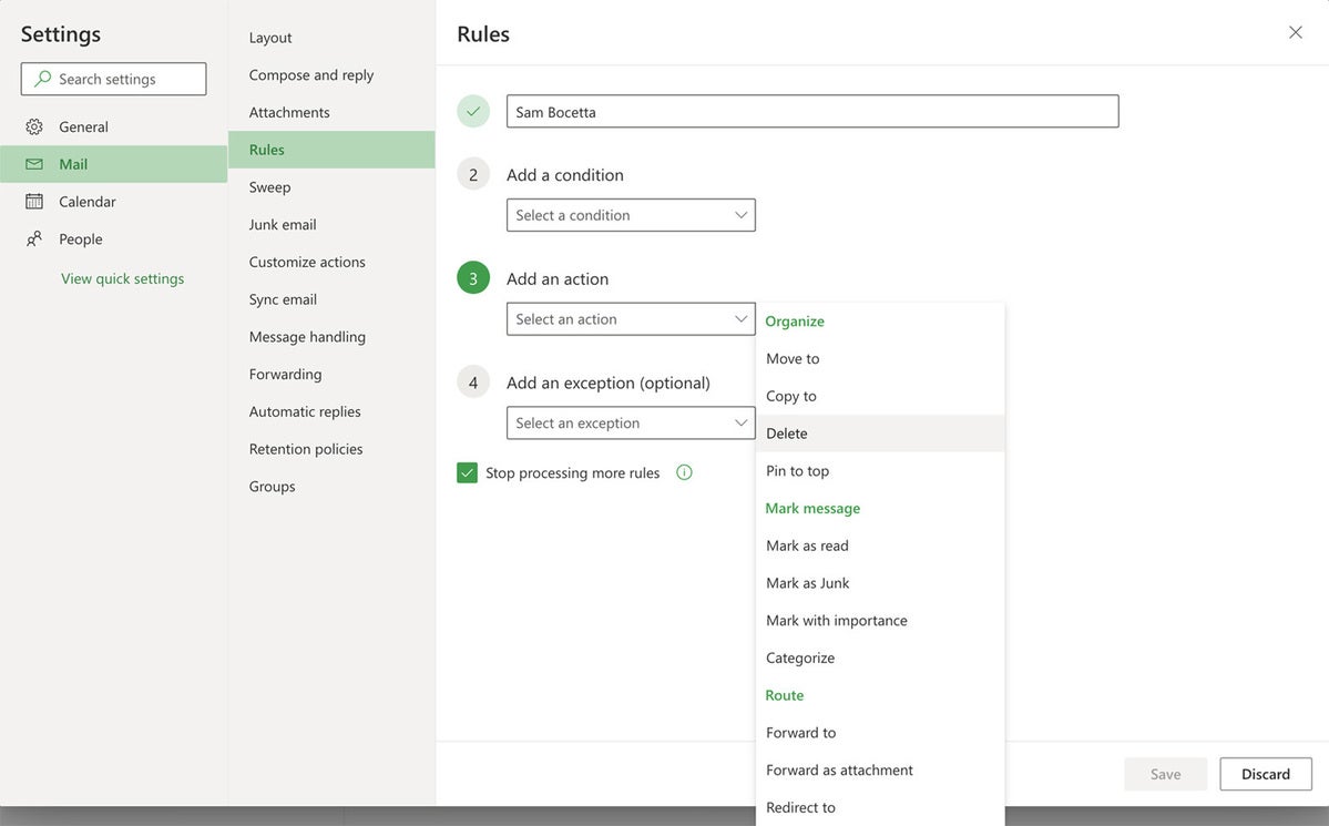 outlook mail rules10 web add action