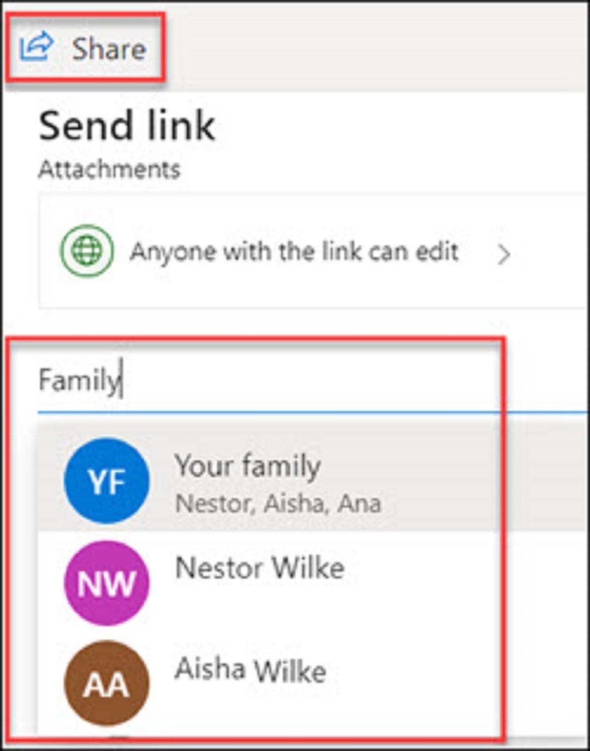 OneDrive share link with family