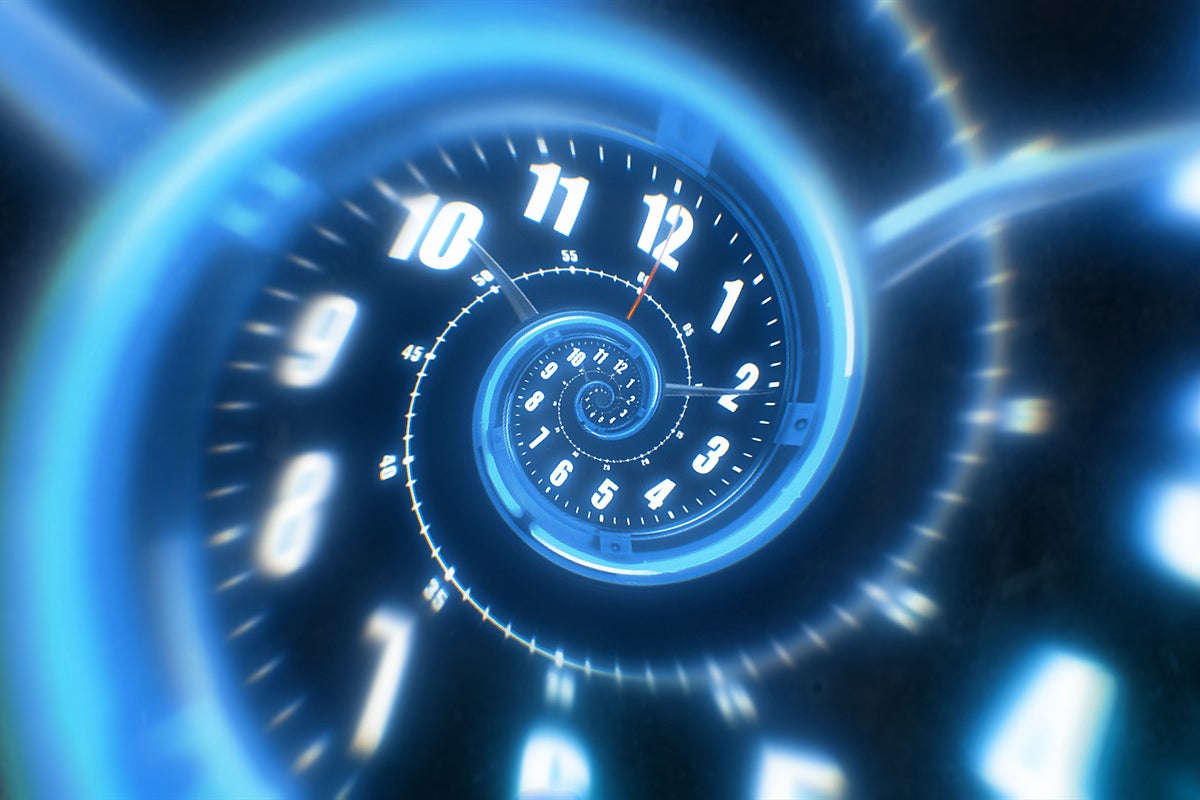 A luminous clock face warps in a spiral.