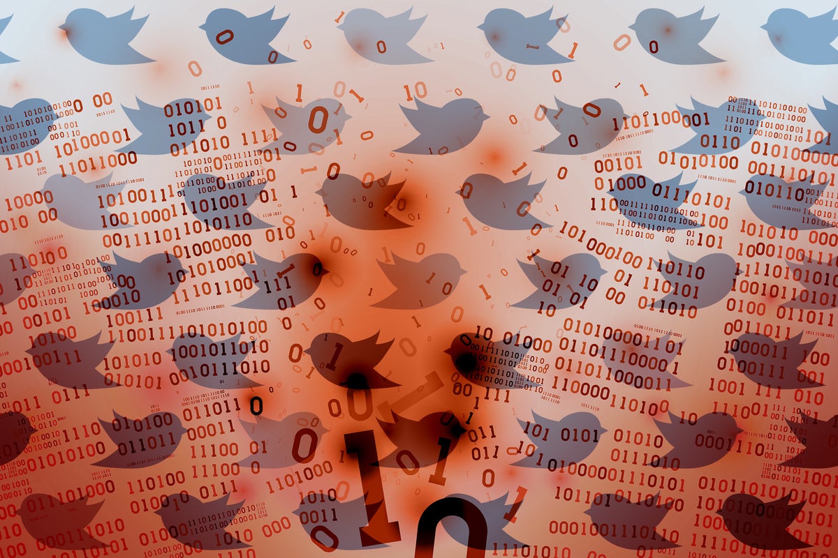 A pattern of Twitter-like bird icons and binary code is broken / breached / hacked.