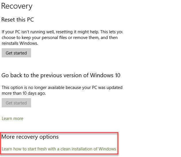 win10 recover v1909 freshstart