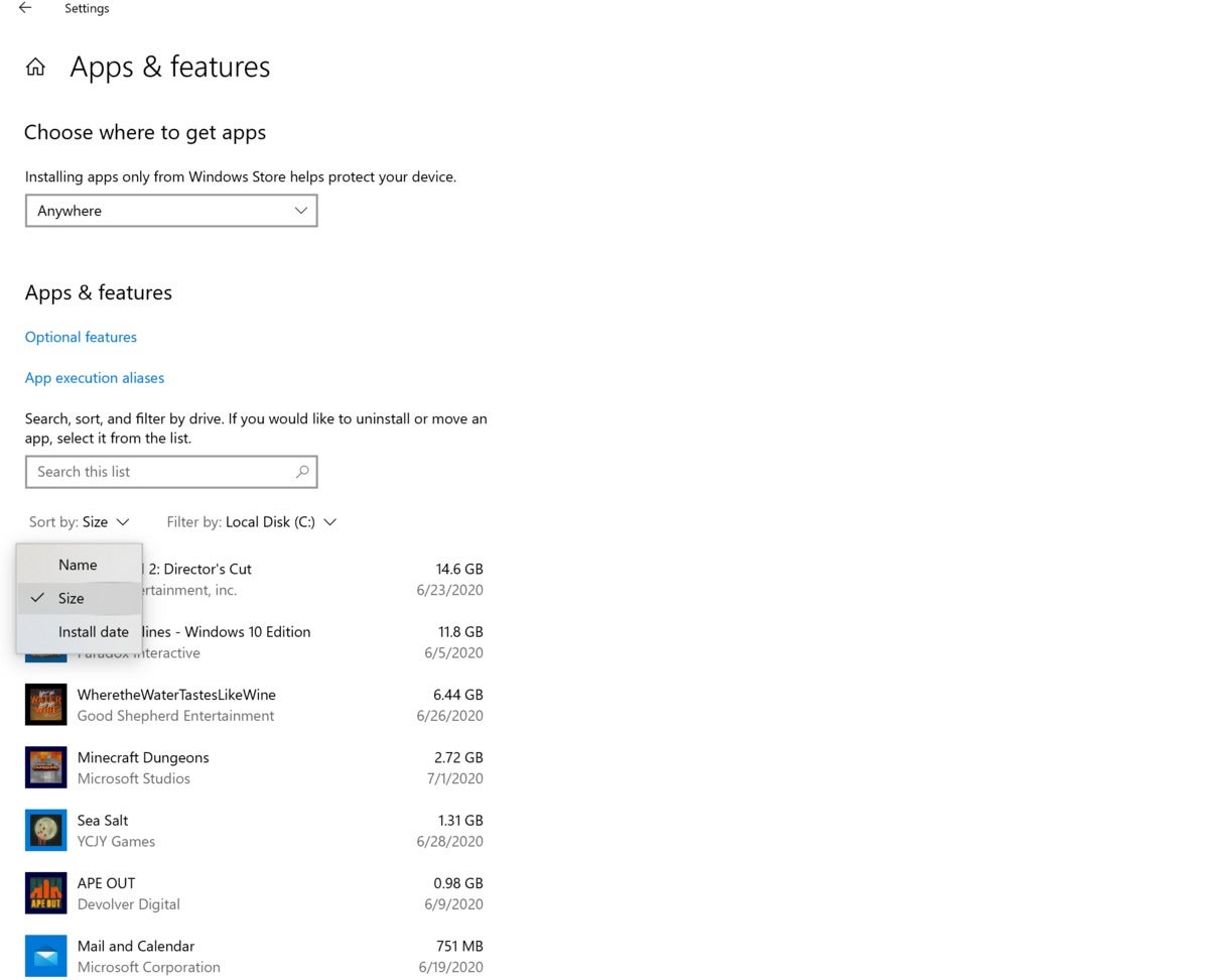 Microsoft windows 10 settings storage apps and features